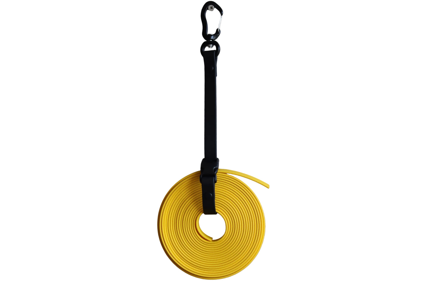 A black BioThane Long Line Keeper from DoggoZ securing a neatly coiled yellow long dog leash. The keeper includes a heavy-duty black carabiner for hanging and a quick-release buckle for easy access.