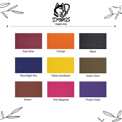 DoggoZ.shop custom BioThane dog leash color chart featuring 9 vibrant colors: Red Wine, Orange, Black, Blue Night Sky, Yellow Sunflower, Green Olive, Brown, Pink Magenta, and Purple Violet. High-quality handmade dog training gear.